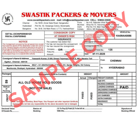 Bill by Swastik Packers and Movers